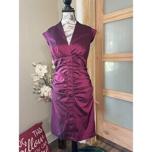 Frank Lyman Evening Dress Size 8 Purple Satin Ruched Midi Weeding Guest Metalic